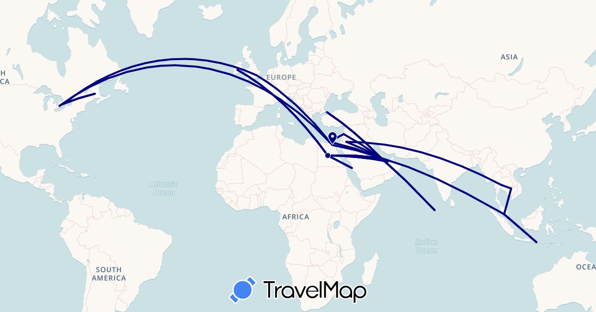 TravelMap itinerary: driving in United Arab Emirates, Canada, Egypt, United Kingdom, Indonesia, Ireland, Jordan, Cambodia, Lebanon, Maldives, Malaysia, Qatar, Saudi Arabia, Thailand, Turkey (Africa, Asia, Europe, North America)